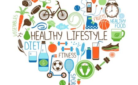 Healthy Lifestyle  Diet and Fitness vector sign in the shape of a heart with multiple icons depicting various sports  vegetables  cereals  seafood  meat  fruit  sleep  weight and beverages